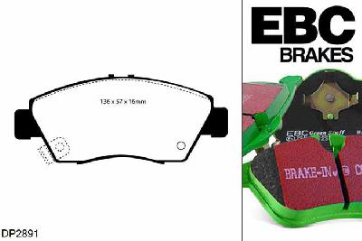 DP2891, Honda Civic CRX, 1.6 VTi VTec (EG2) 1995-1998, EBC Greenstuff remblokken set vooras, Voor modellen met Akebono remklauwen aan de vooras, Voor modellen met een remschijf diameter 262mm