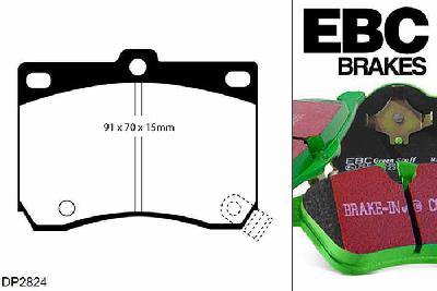 DP2824, Mazda MX3, 1.8 1991-1997, EBC Greenstuff remblokken set vooras, Voor modellen met Sumitomo remklauwen aan de vooras, Voor modellen met een remschijf diameter 257mm