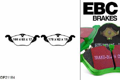 DP21184, Opel Astra Coupe, 1.6 2003-2005, EBC Greenstuff remblokken set vooras, Voor modellen met ATE remklauwen aan de vooras, Voor modellen met een remschijf diameter 256mm