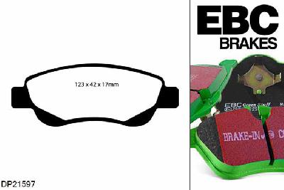 DP21597, Peugeot 108, 1.2 82 PK 2014-, EBC Greenstuff remblokken set vooras, Voor modellen met een remschijf diameter 247mm