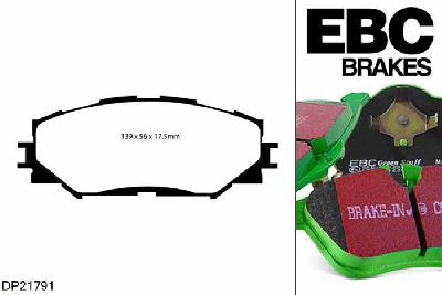 DP21791, Toyota Corolla, 1.6 2007-2013, EBC Greenstuff remblokken set vooras, Voor modellen met Akebono remklauwen aan de vooras, Voor modellen met een remschijf diameter 275mm