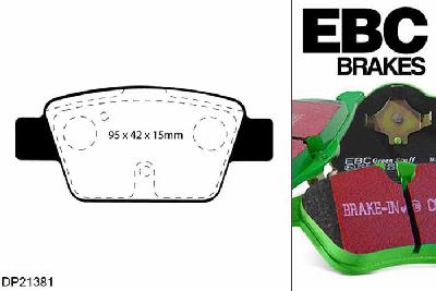 DP21381, Alfa Romeo Mi.To, 1.3 TD 90 PK 2008-2010, EBC Greenstuff remblokken set achteras, Voor modellen met Bosch remklauwen aan de achteras, Voor modellen met remschijf diameter van 251mm aan de achteras