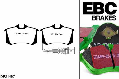 DP21497, Audi A3 (8P), 2.0 TDI 140 PK 2003-2013, EBC Greenstuff remblokken set achteras, Voor modellen met TRW remklauwen aan de achteras, Voor modellen met remschijf diameter van 255mm aan de achteras
