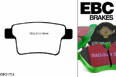 DP21731, Ford Mondeo Mk3 Saloon & Hatch, 2.0 TD 2004-2007, EBC Greenstuff remblokken set achteras, Voor modellen met Bosch remklauwen aan de achteras, Voor modellen met remschijf diameter van 280mm aan de achteras