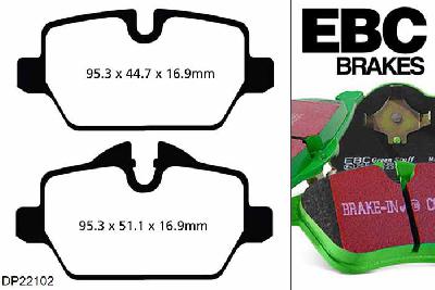 DP22102, Mini Mini Countryman (R60), 1.6 2010-2017, EBC Greenstuff remblokken set achteras, Voor modellen met TRW remklauwen aan de achteras, Voor modellen met remschijf diameter van 280mm aan de achteras