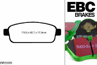 DP22066, Opel Astra (J), 1.3 TD 95 PK 2009-2014, EBC Greenstuff remblokken set achteras, Voor modellen met TRW remklauwen aan de achteras, Voor modellen met remschijf diameter van 268mm aan de achteras