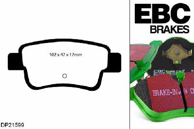DP21599, Opel Corsa, 1.6 Turbo OPC 190 PK 2007-2014, EBC Greenstuff remblokken set achteras, Voor modellen met Bosch remklauwen aan de achteras, Voor modellen met remschijf diameter van 264mm aan de achteras
