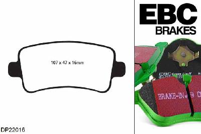DP22016, Opel Insignia, 2.0 TD 160 PK 2008-2013, EBC Greenstuff remblokken set achteras, Voor modellen met TRW remklauwen aan de achteras, Voor modellen met remschijf diameter van 315mm aan de achteras