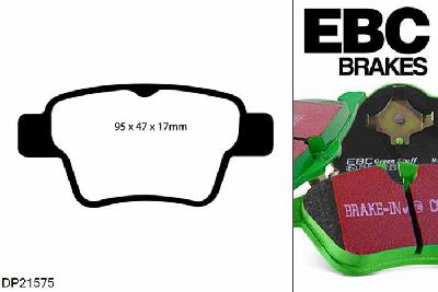 DP21575, Peugeot 307, 1.6 2001-2008, EBC Greenstuff remblokken set achteras, Voor modellen met Bosch remklauwen aan de achteras, Voor modellen met remschijf diameter van 249mm aan de achteras