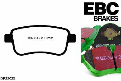 DP22025, Renault Megane MK3 CC, 1.9 TD 131 PK 2010-2016, EBC Greenstuff remblokken set achteras, Voor modellen met Bosch remklauwen aan de achteras, Voor modellen met remschijf diameter van 260mm aan de achteras