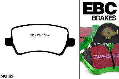 DP21934, Volvo V60, 2.0 Turbo 2010-, EBC Greenstuff remblokken set achteras, Voor modellen met TRW remklauwen aan de achteras, Voor modellen met remschijf diameter van 302mm aan de achteras