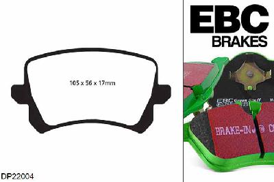 DP22004, VW CC, 2.0 TDI 2012-2017, EBC Greenstuff remblokken set achteras, Voor modellen met TRW remklauwen aan de achteras, Voor modellen met remschijf diameter van 286mm aan de achteras