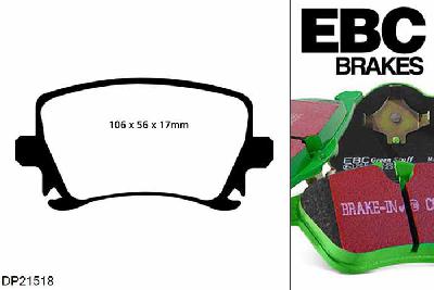 DP21518, VW Jetta, 2.0 TDI 110 PK 2010-, EBC Greenstuff remblokken set achteras, Voor modellen met TRW remklauwen aan de achteras, Voor modellen met remschijf diameter van 260mm aan de achteras