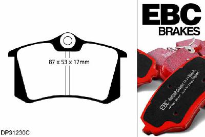 DP31230C, Audi A3 quattro (8P), 1.8 Turbo 2008-2013, EBC Redstuff remblokken set achteras, Voor modellen met Girling/TRW remklauwen aan de achteras, Voor modellen met remschijf diameter van 260mm aan de achteras