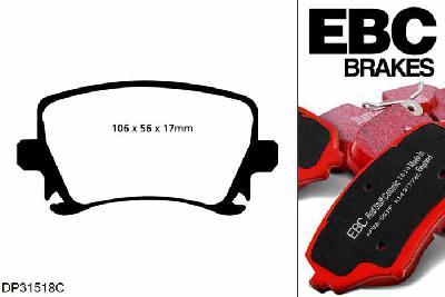 DP31518C, Audi A4 (B7), 2.7 TDI (PR-1LA) 2006-2008, EBC Redstuff remblokken set achteras, Voor modellen met TRW remklauwen aan de achteras, Voor modellen met remschijf diameter van 288mm aan de achteras