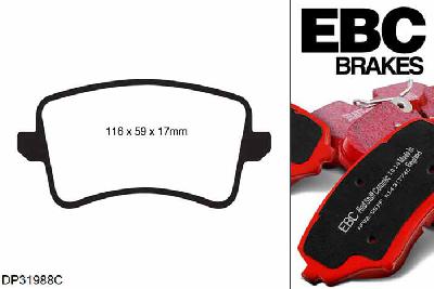 DP31988C, Audi Q5 (8R), 3.0 TDI 240 PK 2008-2011, EBC Redstuff remblokken set achteras, Voor modellen met TRW remklauwen aan de achteras, Voor modellen met remschijf diameter van 300mm aan de achteras