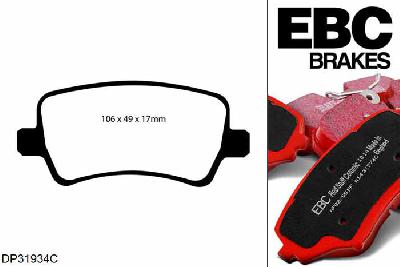 DP31934C, Ford S-Max, 1.6 Turbo (Elec H/B) 2010-2015, EBC Redstuff remblokken set achteras, Voor modellen met TRW remklauwen aan de achteras, Voor modellen met remschijf diameter van 302mm aan de achteras