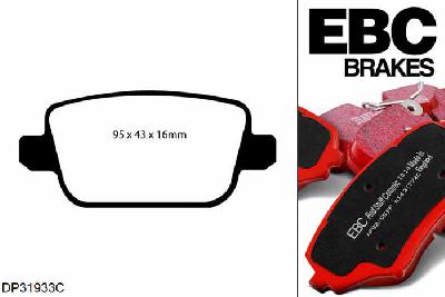 DP31933C, Ford S-Max, 2.5 Turbo 2006-2011, EBC Redstuff remblokken set achteras, Voor modellen met TRW remklauwen aan de achteras, Voor modellen met remschijf diameter van 302mm aan de achteras