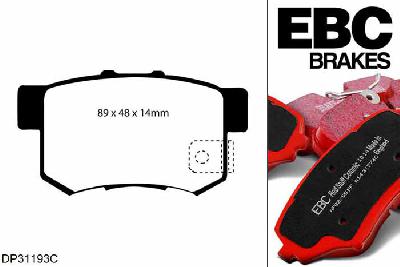 DP31193C, Honda Accord Coupe, 2.0 (CG4) 1998-2002, EBC Redstuff remblokken set achteras, Voor modellen met Akebono remklauwen aan de achteras, Voor modellen met remschijf diameter van 260mm aan de achteras