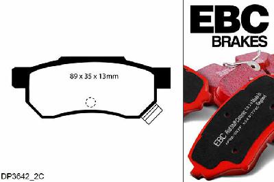 DP3642/2C, Honda Civic (4th Gen), 1.6 (ED) 1989-1991, EBC Redstuff remblokken set achteras, Voor modellen met Akebono remklauwen aan de achteras, Voor modellen met remschijf diameter van 239mm aan de achteras