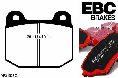 DP31538C, Mitsubishi Lancer Evo 5, 2.0 Turbo GSR 1997-1999, EBC Redstuff remblokken set achteras, Voor modellen met Brembo remklauwen aan de achteras, Voor modellen met remschijf diameter van 300mm aan de achteras