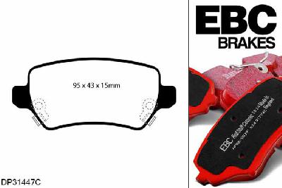 DP31447C, Opel Astra GTC (H), 1.8 140 PK 2006-2010, EBC Redstuff remblokken set achteras, Voor modellen met Girling/TRW remklauwen aan de achteras, Voor modellen met remschijf diameter van 264mm aan de achteras