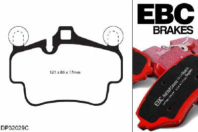 DP32029C, Porsche 911 (997) (Cast Iron Disc Only), 3.6 Carrera 2008-2012, EBC Redstuff remblokken set achteras, Voor modellen met Brembo remklauwen aan de achteras, Voor modellen met remschijf diameter van 330mm aan de achteras