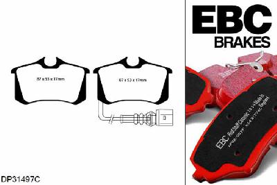DP31497C, VW Eos, 1.4 Turbo 2008-2014, EBC Redstuff remblokken set achteras, Voor modellen met TRW remklauwen aan de achteras, Voor modellen met remschijf diameter van 255mm aan de achteras