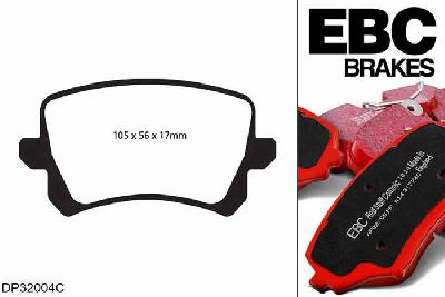 DP32004C, VW Passat CC, 2.0 TDI 140 PK 2008-2012, EBC Redstuff remblokken set achteras, Voor modellen met TRW remklauwen aan de achteras, Voor modellen met remschijf diameter van 286mm aan de achteras