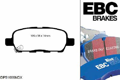 DP51666NDX, Nissan X-Trail, 2.2 TD 2001-2007, EBC Bluestuff remblokken set achteras, Voor modellen met Akebono remklauwen aan de achteras, Voor modellen met remschijf diameter van 292mm aan de achteras