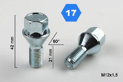 M12x1,5 Wielbout conisch, Draadlengte 21mm, SW 17