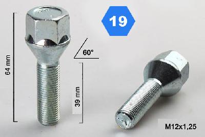M12x1,25 Wielbout conisch, Draadlengte 39mm, SW 19