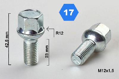 M12x1,5, Radius 12, Wielbout radius, Draadlengte 25mm, SW 17