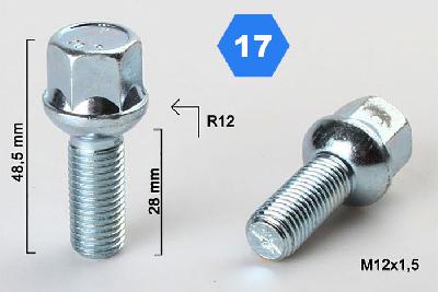 M12x1,5, Radius 12, Wielbout radius, Draadlengte 28mm, SW 17