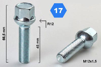 M12x1,5, Radius 12, Wielbout radius, Draadlengte 45mm, SW 17