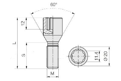 M12x1,5, Wielbout conisch inbus, Draadlengte 34mm, 20mm kopdiameter