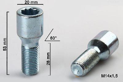 M14x1,5, Wielbout conisch inbus, Draadlengte 28mm, 20mm kopdiameter
