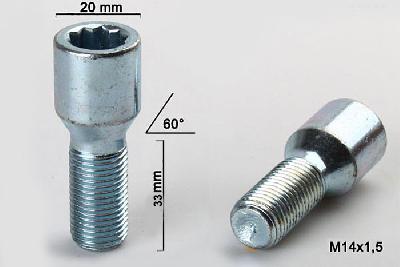 M14x1,5, Wielbout conisch inbus, Draadlengte 33mm, 20mm kopdiameter