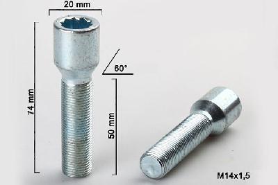 M14x1,5, Wielbout conisch inbus, Draadlengte 55mm, 20mm kopdiameter