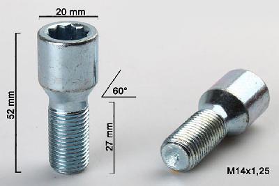M14x1,25, Wielbout conisch inbus, Draadlengte 27mm, 20mm kopdiameter