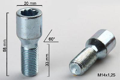 M14x1,25, Wielbout conisch inbus, Draadlengte 33mm, 20mm kopdiameter