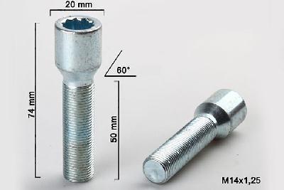 M14x1,25, Wielbout conisch inbus, Draadlengte 50mm, 20mm kopdiameter