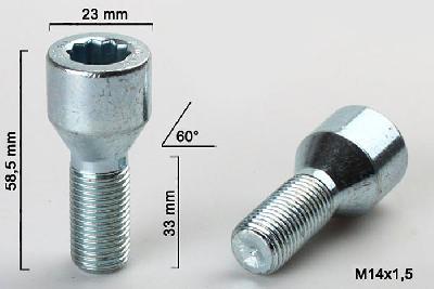 M14x1,5, Wielbout conisch inbus, Draadlengte 33mm, 23mm kopdiameter