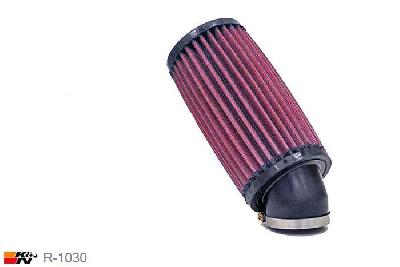 43mm aansluitdiameter, R-1030, K&N Luchtfilter Universeel, Cilindrisch, Lengte filter 152mm, Buitendiameter onder 76mm, Buitendiameter kap 76mm, Rubber kap, Lengte flens 38mm, 40 graden hoek, 0 mm