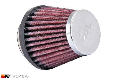 43mm aansluitdiameter, RC-1070, K&N Luchtfilter Universeel, Conisch, Lengte filter 70mm, Buitendiameter onder 76mm, Buitendiameter kap 51mm, Chroom kap, Lengte flens 16mm, 0 mm