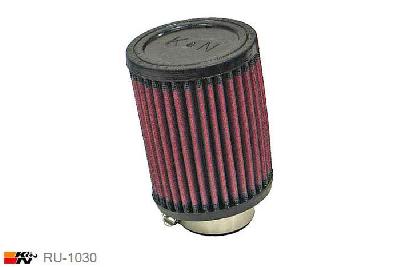44mm aansluitdiameter, RU-1030, K&N Luchtfilter Universeel, Cilindrisch, Lengte filter 114mm, Buitendiameter onder 89mm, Buitendiameter kap 89mm, Rubber kap, Lengte flens 25mm, 10 graden hoek, 0 mm