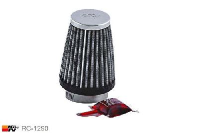 48mm aansluitdiameter, RC-1290, K&N Luchtfilter Universeel, Conisch, Lengte filter 94mm, Buitendiameter onder 76mm, Buitendiameter kap 51mm, Chroom kap, Lengte flens 25mm, 10 graden hoek, 0 mm