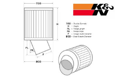 57mm aansluitdiameter, BD-6506, K&N Luchtfilter Universeel, Cilindrisch, Lengte filter 127mm, Buitendiameter onder 140mm, Buitendiameter kap 140mm, Rubber kap