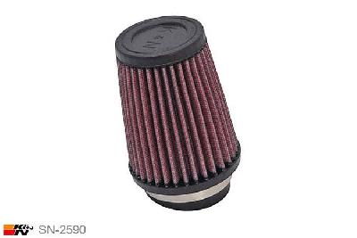 70mm aansluitdiameter, SN-2590, K&N Luchtfilter Universeel, Conisch, Lengte filter 127mm, Buitendiameter onder 102mm, Buitendiameter kap 76mm, Rubber kap, Lengte flens 25mm, 10 graden hoek, 0 mm
