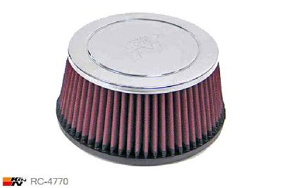 75mm aansluitdiameter, RC-4770, K&N Luchtfilter Universeel, Conisch, Lengte filter 79mm, Buitendiameter onder 171mm, Buitendiameter kap 149mm, Chroom kap, Lengte flens 19mm, 21 mm
